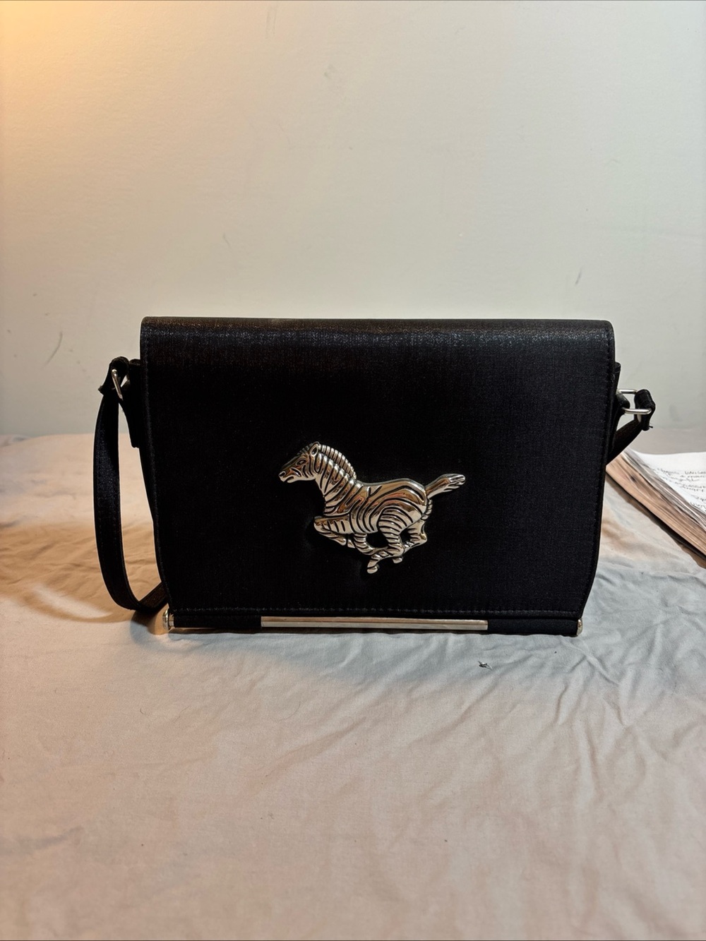 Black Crossbody Bag with Silver Zebra Accent